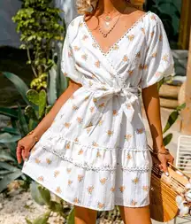 NWT Simplee Floral Surplice Neck Dot Belted Lace Trim Layered Hem Schiffy Dress