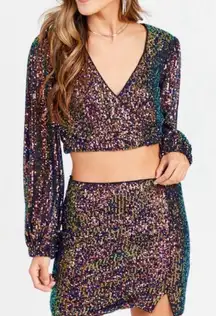 Altar’d State Sequin Mini Skirt & Long Sleeve Crop Top Set – NWT