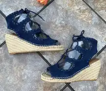 Sole Society Amethyst Navy Strappy Lace Up Espadrille Wedges Sz 6 Gladiator