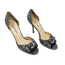 MANOLO BLAHNIK Vintage Retro Gold Brocade Crystal Peep Toe Pump Sedaraby IT 40