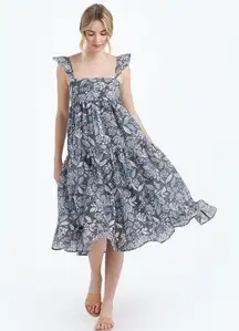 NEW Tiered Button Front Ruffle Smocked Midi Dress Island Floral Black