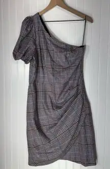 NWT Parker NYC One Shoulder Plaid Mini Dress Peggy Plaid Puff Sleeve XL Cocktail