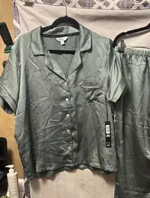 NWT Nicole Miller Hammered Satin Pajama Set Pants Size XL In Mineral Jade Woman