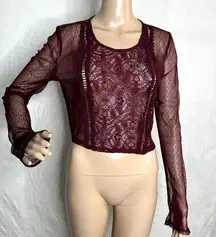 Maroon Lace Mesh Long Sleeve Crop Top