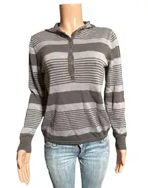 Long sleeve gray stripe half button Henley hoodie sweatshirt top M