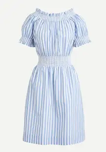J. Crew Smocked Puff Sleeve Cotton Poplin Dress in Stripe Blue White Women's L