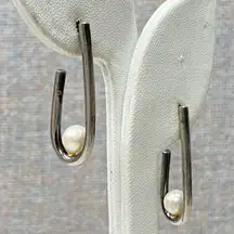 Asymmetric Sterling Silver Pearl Drop Dainty Hoop Earrings Minimalist Modern