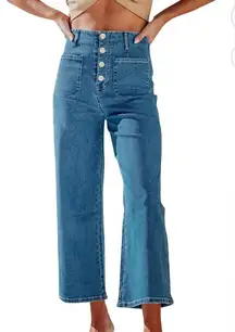 High-Waisted Wide Leg Button-Up Jeans, Blue, Size 4, EUC