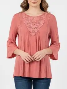Xhilaration Coral Pink Lace Yoke Bell Sleeve Top Women's XS