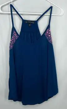 NWOT Derek Heart‎ women’s dark blue pink embroidered relaxed casual tank top M