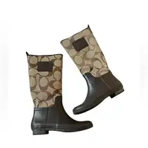Coach Paige Signature C Monogram Tan Dark Brown Rain Rubber Boots 7