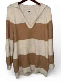 American Eagle Striped V-Neck Sweater - Cream and Brown Size Medium