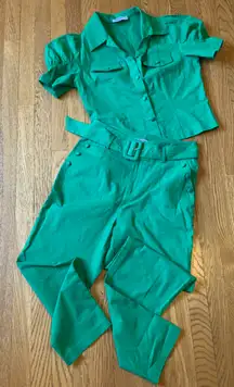 High waist Belted pants and top matching set green size M