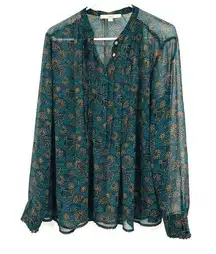 Loft Size Large Blouse Blue Floral Semi-Sheer Long Sleeve Pull Over Boho Hippie