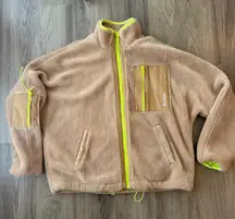 Urban Outfitters Women’s Tan Fleece Jacket with Neon Accents Size Small