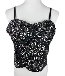 Sparkling Sequin Corset Top Black Strappy Bustier Evening Party