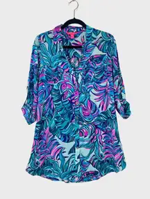 Lilly Pulitzer Dress Blue Natalie Shirtdress Cover Up Mini Floral Beach 2XS