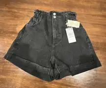 MNG Mango Denim Shorts Women XS Black Jean High Waist Mom 330 Paperbag