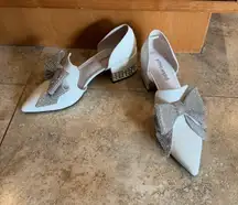 Valenti Patent Leather white rhinestone bow embellished heels