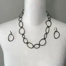 Vintage Finished Textured Oval Linked Necklace And Earrings‎ Set OS