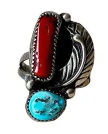 Vintage sterling silver turquoise and coral Native American ring size 6.5