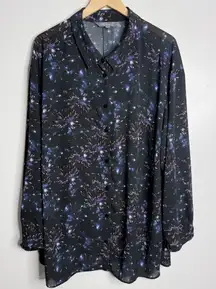 Ulla‎ Popken Women’s Fireworks Print Flowy Button Up Blouse Black Size 24/26