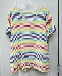 Lands' End rainbow stripe V neck short sleeve shirt women's large 14 16