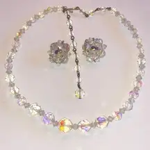 Vintage Aurora Borealis Clear Rainbow Coated Necklace & Clip On Earrings Set