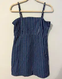 altar’d state medium denim dress adjustable straps zip back red pin stripe new