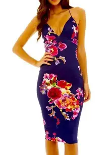 AX‎ Paris Women's Deep V Front Floral Midi Navy Dress Size 10 B38