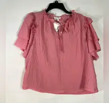 &Merci Crop Tie Front Blouse W/Ruffled Sleeves Women’s L Dusty Rose Color NEW