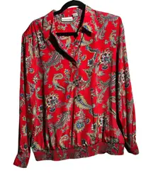 Vintage Bright Red Paisley Long Sleeve Top Womens 16 Preppy Holiday 80s 90s VTG