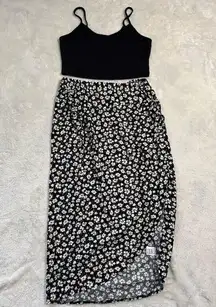 YOZI Black Daisy Print Silk Like Midi Skirt and Top – Size 12 – Floral