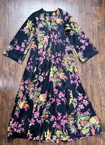 vintage • 70s maxi dress Japanese kimono black floral cherry blossom bell sleeve