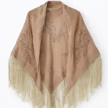 Vintage Embroidered Fringe Shawl | Boho Macramé Wrap | Taupe Brown Floral