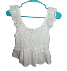 Eyelet Ruffle Smocked Peplum Tank Top‎ Summer Sleeveless Blouse