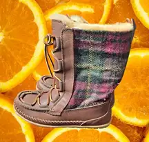 L.L.Bean Shearling‎ Lined Moc Toe Plaid Wool Boots Lace Up Women's 7M