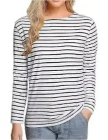 NEW UNTUCKit Leoville White Stripe Cotton Casual Long‎ Sleeve Tee M