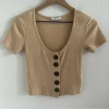 ZARA  Trafaluc Statem Button Neutral Rounded Neckline Y2K 90s Trendy Top US Small