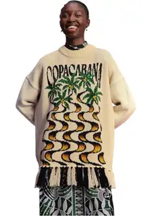 NWT Farm Rio Off White Copacabana Fringe Oversized Tunic Graphic‎ Sweater XS