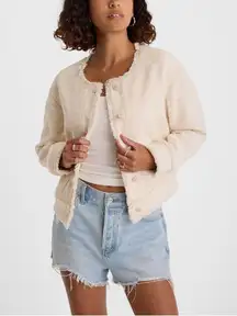 Express Women's Fringe Tweed Novelty Button Oversized Cropped Jacket Size S