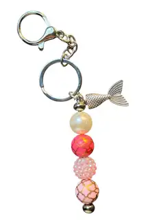 Mermaid Tail Pink Beaded Keychain Silver Tone Purse Backpack Charm