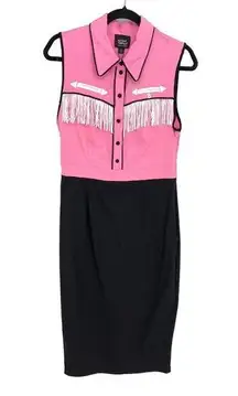 Unique Vintage Wiggle Dress Womens Large Western Pink Black Fringe Sleeveless