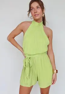 Vestique NWT Lime Lover Romper Pleated Tie Waist Low Back Halter Neck Size L