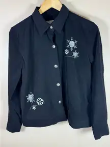 VTG Christopher Banks Womens Shacket Top Black Button Down embroidered Snowflake