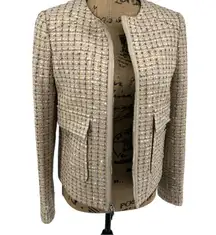 Tory Burch Tweed Boucle Tan Zip Front Jacket Blazer Tan Brown Sz 8 Luxury Preppy