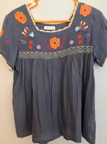 THML Boutique blue  flutter blouse with embroidered flowers, size M‎
