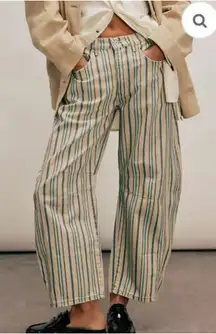 We The Free Free People Good Luck Mid-Rise Barrel Jeans Tan Teal Gray Stripe 27