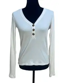 a loves a Women's White V-Neck Ribbed Knit Long Sleeve Top Size L