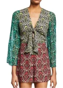 ALICE + OLIVIA $375 Brylee Mixed Print Tie Front Cut Out Romper Size 0